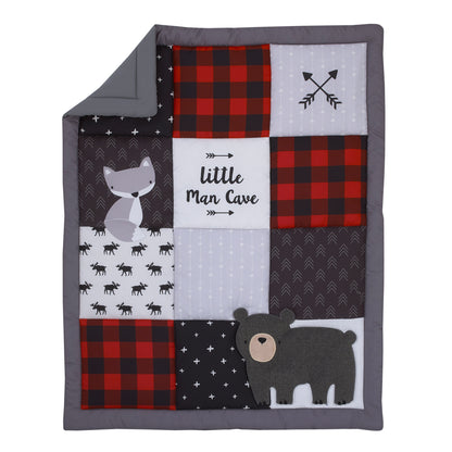 Little Love by NoJo Little Man Cave Grey, Red, Black and Ivory, Bear, Fox, Moose, Buffalo Check and Arrows Rustic 3 Piece Nursery Crib Bedding Set - Comforter, Fitted Crib Sheet and Crib Skirt