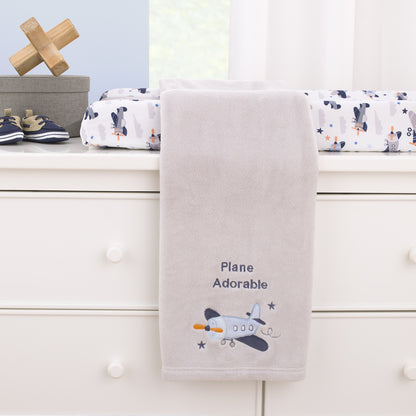 Little Love by NoJo Soar High Little One Gray and Light Blue Airplane Super Soft Baby Blanket