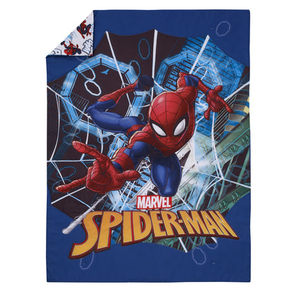 Marvel Spiderman to the Rescue Red, White, and Blue 4 Piece Toddler Bed Set - Comforter, Fitted Bottom Sheet, Flat Top Sheet, and Reversible Pillowcase
