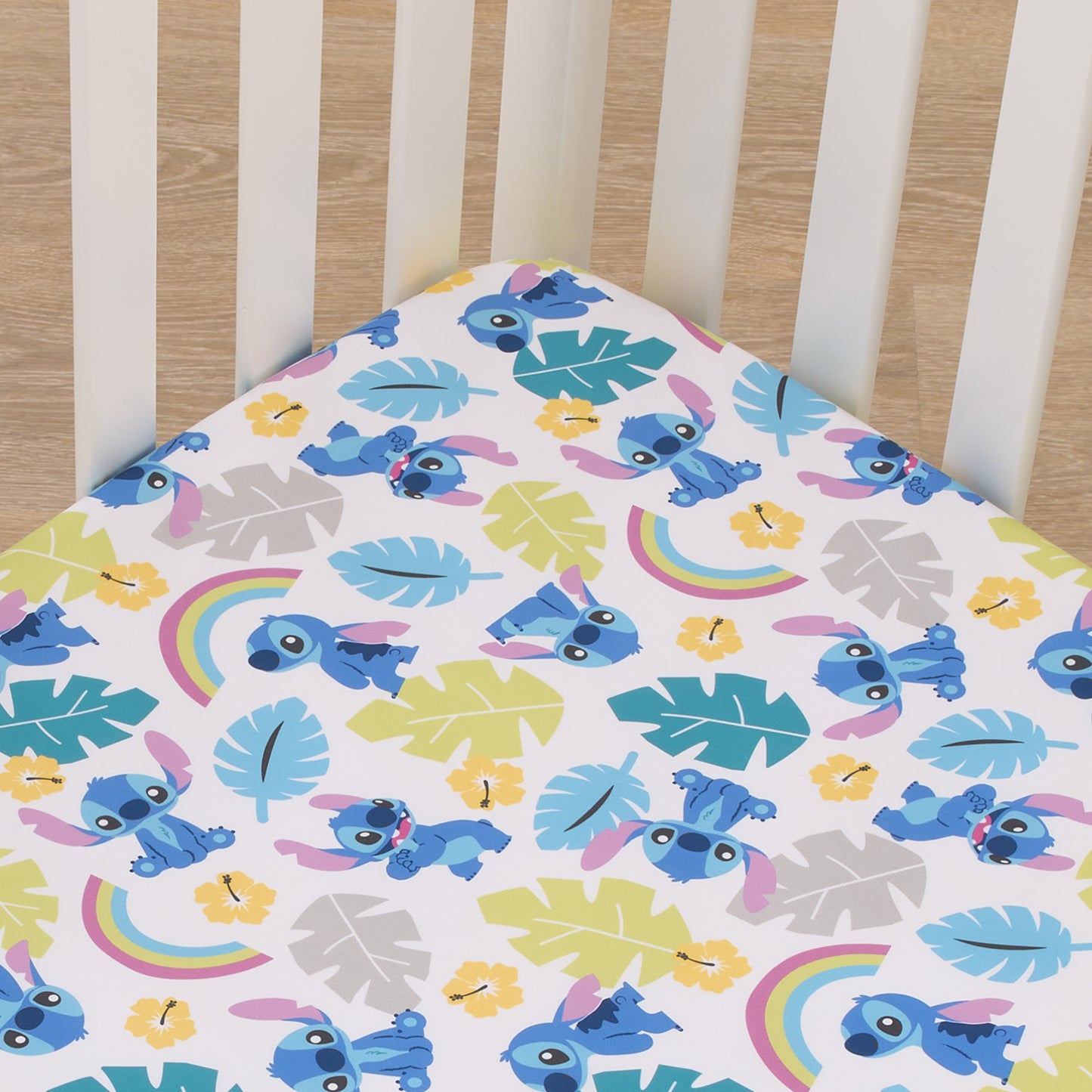 Disney Stitch Blue, Teal, Lime, and White Nursery Fitted Crib Sheet