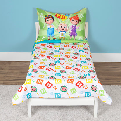 NoJo Cocomelon Learning Is Fun 4 Piece Toddler Bed Set - Includes Comforter, Fitted Bottom Sheet, Flat Top Sheet, Reversible Pillowcase