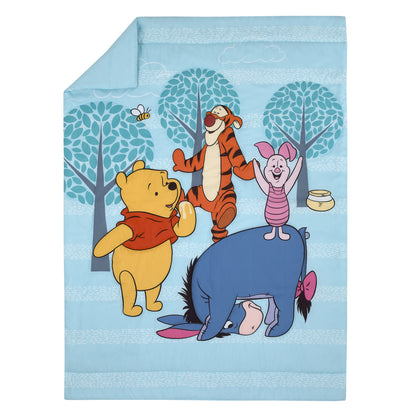 Disney Winnie the Pooh Funny Friends Aqua, Gold, Blue and Orange, Tigger, Eeyore and Piglet 4 Piece Toddler Bed Set - Comforter, Fitted Bottom Sheet, Flat Top Sheet, and Reversible Pillowcase