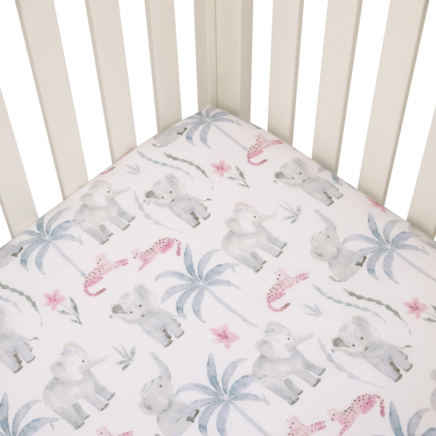 NoJo Tropical Princess Elephant/Jungle Pink and Green 100% Cotton Fitted Crib Sheet
