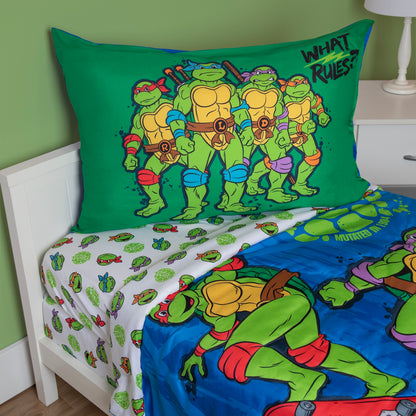 NoJo Teenage Mutant Ninja Turtles 4 Piece Toddler Bed Set - Includes a Comforter, Fitted Bottom Sheet, Flat Top Sheet, Reversible Pillowcase