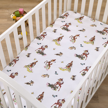 Disney Vintage Bambi - Tan, Green and White, Bambi and Thumper Floral Nursery Fitted Crib Sheet