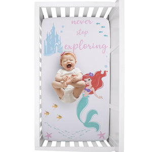 Disney Ariel Watercolor Wishes Aqua, Pink and White Never Stop Exploring 100% Cotton Photo Op Fitted Crib Sheet