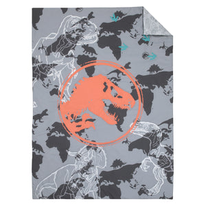 Universal Jurassic World Into The Wild Grey, White, Orange and Aqua T. Rex 4 Piece Toddler Bed Set - Comforter, Fitted Bottom Sheet, Flat Top Sheet and Reversible Pillowcase