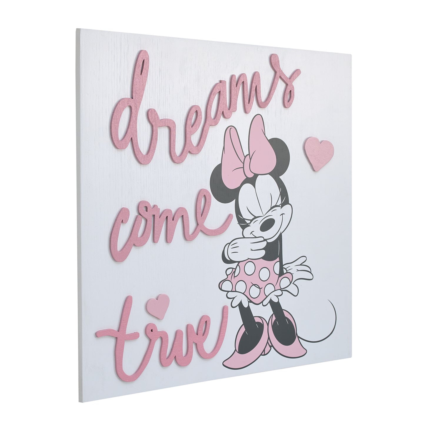 Disney Minnie Mouse Dreams Come True Pink and White Hearts Wood Wall Décor