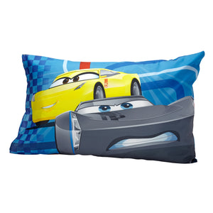 Disney Cars Rusteze Racing Team Blue, Red , and Yellow Amigo Cruz Ramirez and Jackson Storm 4 Piece Toddler Bed Set - Comforter, Fitted Bottom Sheet, Flat Top Sheet, and Reversible Pillowcase