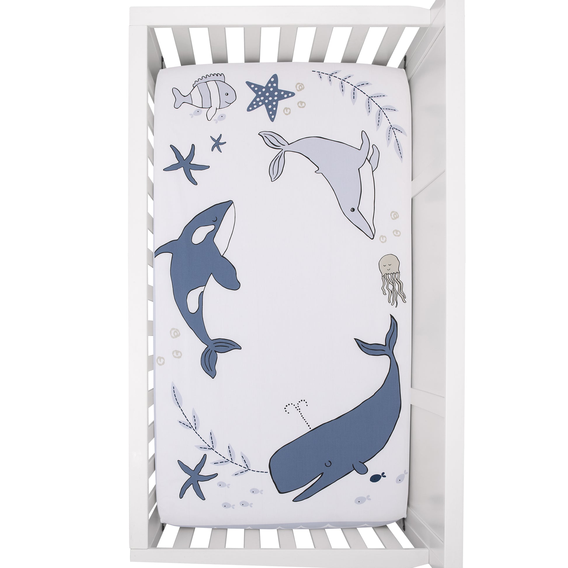 Ever & Ever Marine Navy, Light Blue, and White Ocean Friends 100% Cotton Nursery Photo Op Fitted Crib Sheet