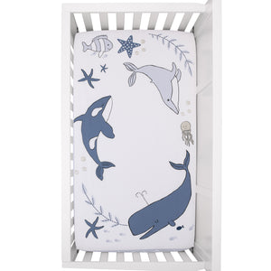 Ever & Ever Marine Navy, Light Blue, and White Ocean Friends 100% Cotton Nursery Photo Op Fitted Crib Sheet