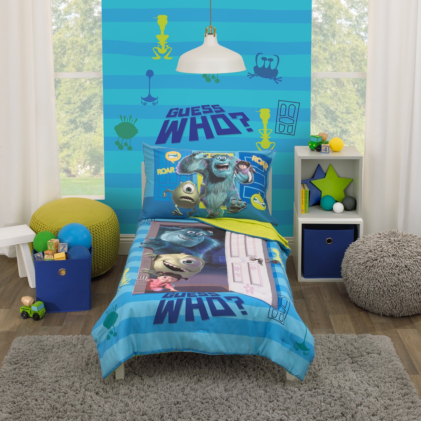 Disney Monsters Inc. Guess Who Blue and Green Sully, Mike, and Boo 4 Piece Toddler Bed Set - Comforter, Fitted Bottom Sheet, Flat Top Sheet, and Reversible Pillowcase