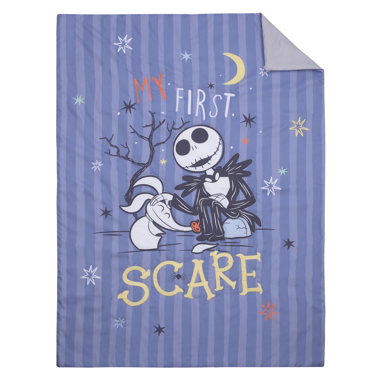 Disney Nightmare Before Christmas My First Scare Blue and Gray Jack Skellington and Zero the Ghost Dog 4 Piece Toddler Bed Set - Comforter, Fitted Bottom Sheet, Flat Top Sheet, and Reversible Pillowcase