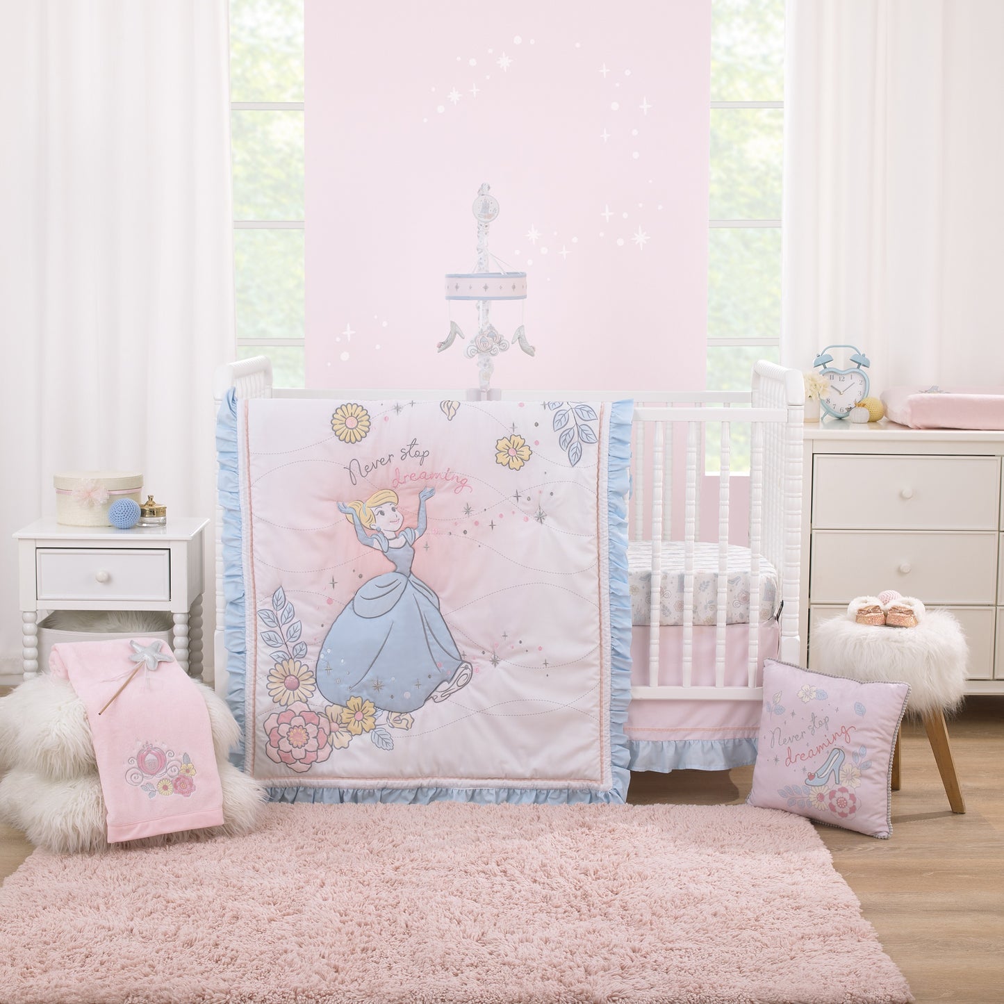 Disney Sweet Princess Light Blue, Pink, and White Enchanted 100% Cotton Photo Op Fitted Crib Sheet