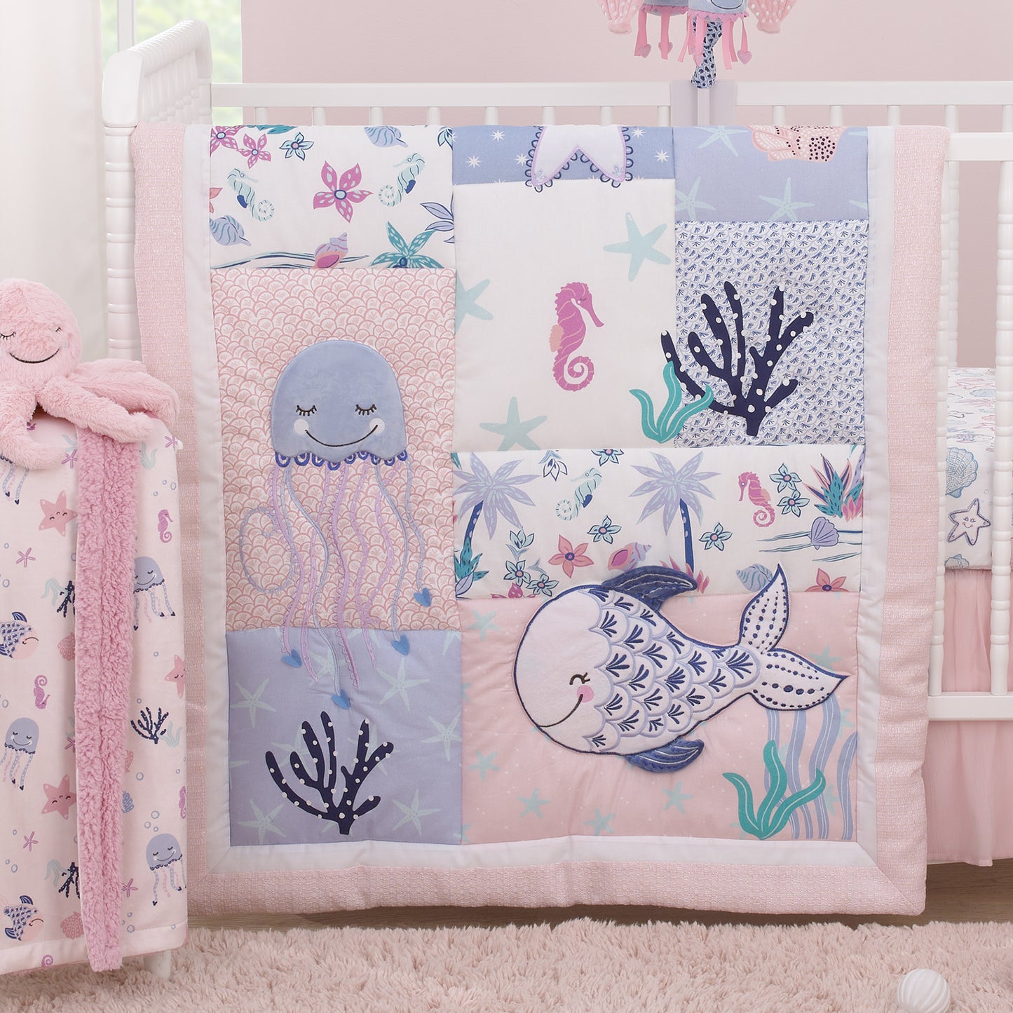 NoJo Mermaid Lagoon Pink, Blue and White Undersea Friends, Fish, Coral, Jellyfish and Starfish 4 Piece Nursery Crib Bedding Set - Comforter, 100% Cotton Fitted Crib Sheet, Crib Skirt, and Storage Caddy