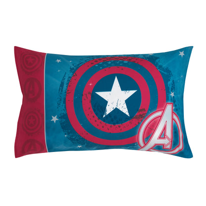 Marvel Captain America Red, White, and Blue 4 Piece Toddler Bed Set - Comforter, Fitted Bottom Sheet, Flat Top Sheet and Reversible Pillowcase