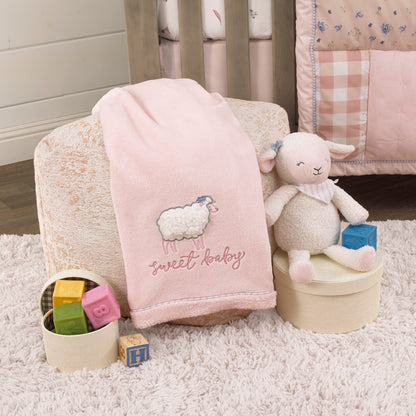 NoJo Farmhouse Chic Pink and White Super Soft Lamb "Sweet Baby" Blanket