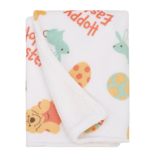 Winnie the Pooh Aqua, Tan, Red, and White Hoppy Easter Super Soft Sherpa Baby Blanket