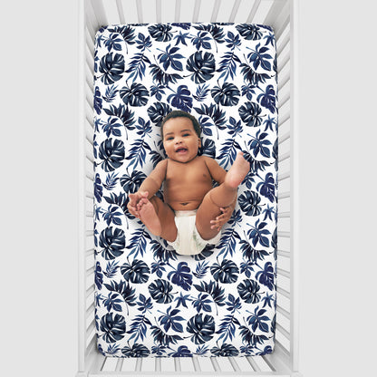 NoJo Super Soft Blue and White Palm Leaf Nursery Crib Fitted Sheet