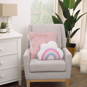 Little Love by NoJo White Cloud Pink, Yellow, Teal and Lavender Appliqued Rainbow Decorative Shaped Pillow