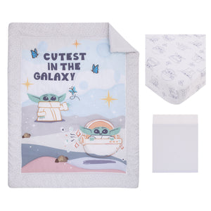 Star Wars Grogu Cutest in the Galaxy Cream, Green, and White 3 Piece Nursery Crib Bedding Set - Comforter, Fitted Crib Sheet, and Crib Skirt