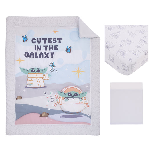 Star Wars Grogu Cutest in the Galaxy Cream, Green, and White 3 Piece Nursery Crib Bedding Set - Comforter, Fitted Crib Sheet, and Crib Skirt