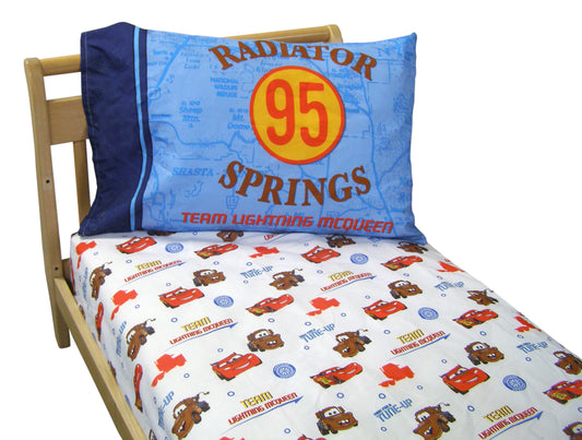 Disney Cars Team Lightning McQueen 2 Pack Super Soft Fitted Toddler Sheet and Pillowcase Set - Blue, Red and Brown
