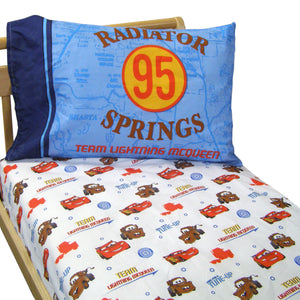 Disney Cars Team Lightning McQueen 2 Pack Super Soft Fitted Toddler Sheet and Pillowcase Set - Blue, Red and Brown