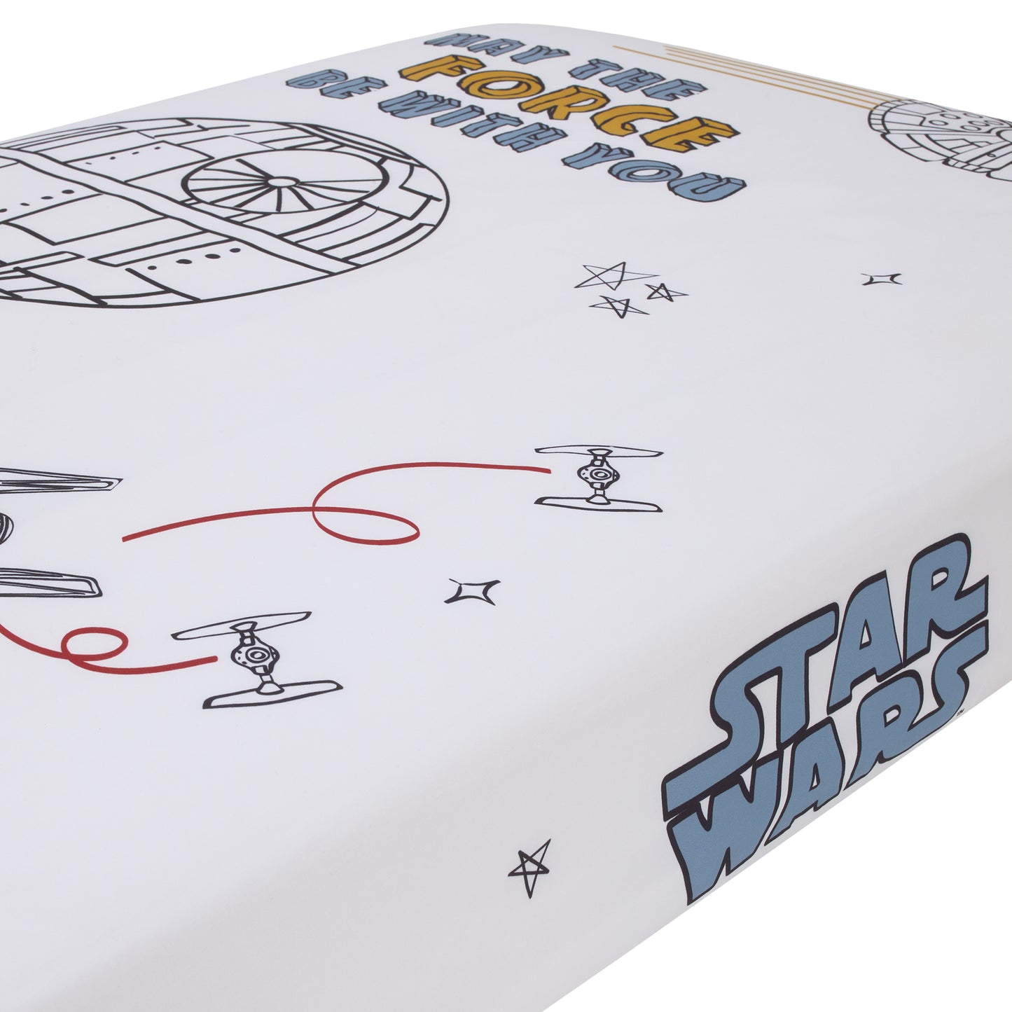 Star Wars May the Force Be With You White, Blue, and Gold Millennium Falcon and Death Star Photo Op Nursery Fitted Crib Sheet