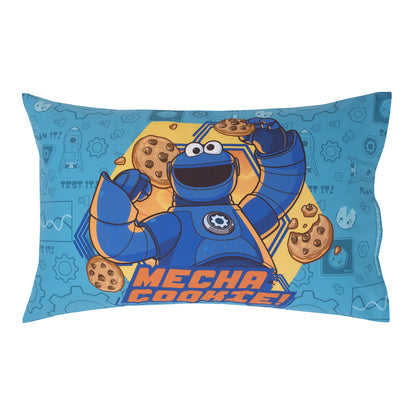 Sesame Street Mecha Builders Blue, Red, and Gold, with Cookie Monster, Elmo and Abby 4 Piece Toddler Bed Set - Comforter, Fitted Bottom Sheet, Flat Top Sheet, and Reversible Pillowcase