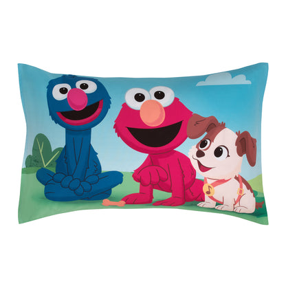 Sesame Street Furry Friends Blue, Green and Red Elmo and Puppy 4 Piece Toddler Bed Set - Comforter, Fitted Bottom Sheet, Flat Top Sheet and Reversible Pillowcase