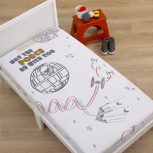Star Wars May the Force Be With You White, Blue, and Gold Millennium Falcon and Death Star Photo Op Nursery Fitted Crib Sheet