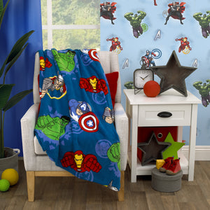 Marvel Avengers Fight the Foes Blue, Red, Green Hulk, Iron Man, Thor, Captain America Super Soft Toddler Blanket