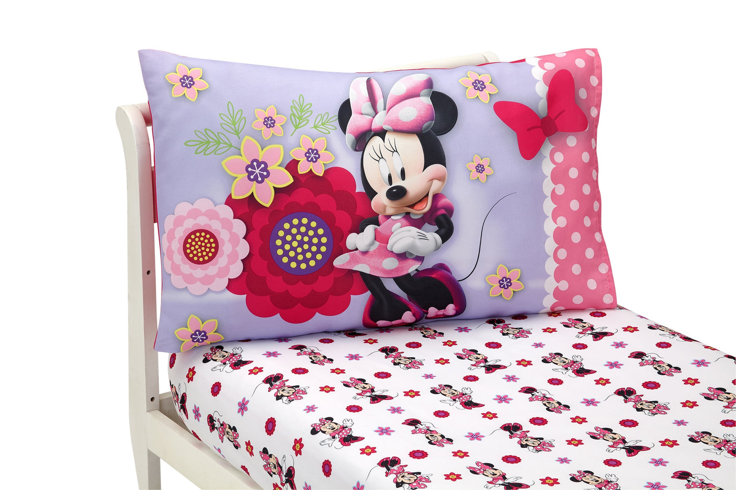 Disney Minnie Mouse Bow Power Pink, Lavender and White 2 Piece Toddler Sheet Set - Fitted Sheet and Reversible Pillowcase