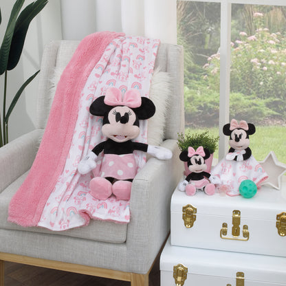 Disney Minnie Mouse White, Pink, and Aqua Rainbow and Hearts Super Soft Velboa with Sherpa Back Baby Blanket