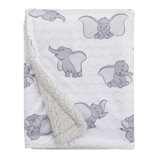 Dumbo White and Grey Super Soft Baby Blanket with Sherpa Back