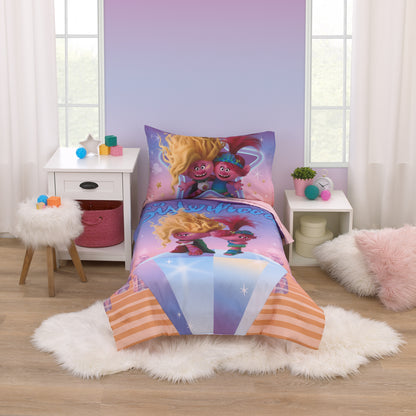 DreamWorks Trolls Glam Together Purple, Pink, and Blue, Poppy and Viva 4 Piece Toddler Bed Set - Comforter, Fitted Bottom Sheet, Flat Top Sheet, and Reversible Pillowcase