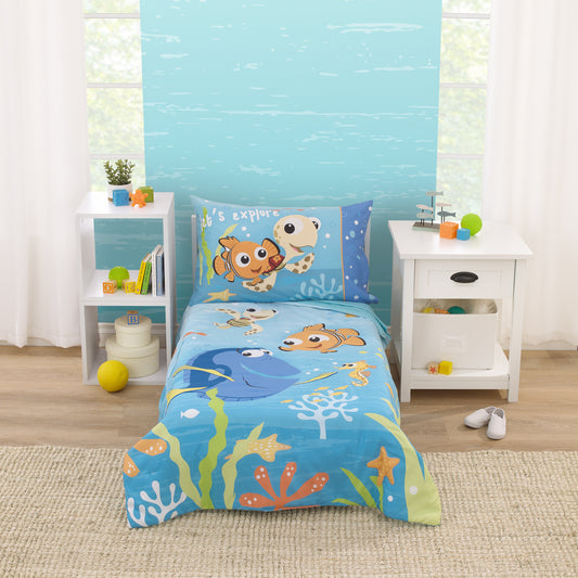 Disney Finding Nemo Aqua, Orange, and Green Let's Explore 4 Piece Toddler Bed Set - Comforter, Fitted Bottom Sheet, Flat Top Sheet, and Reversible Pillowcase