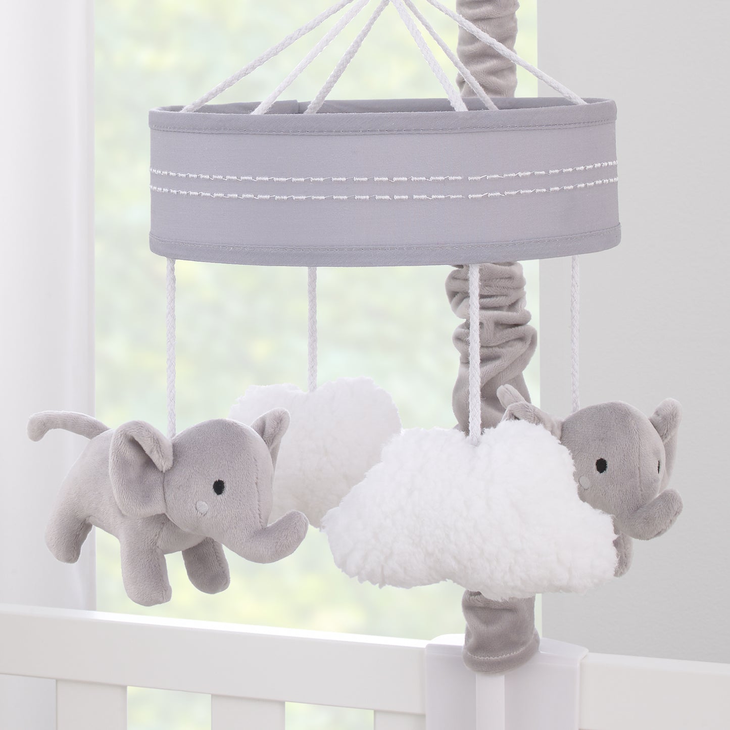 NoJo Plush Elephant Gray and White Puffy Clouds Musical Mobile