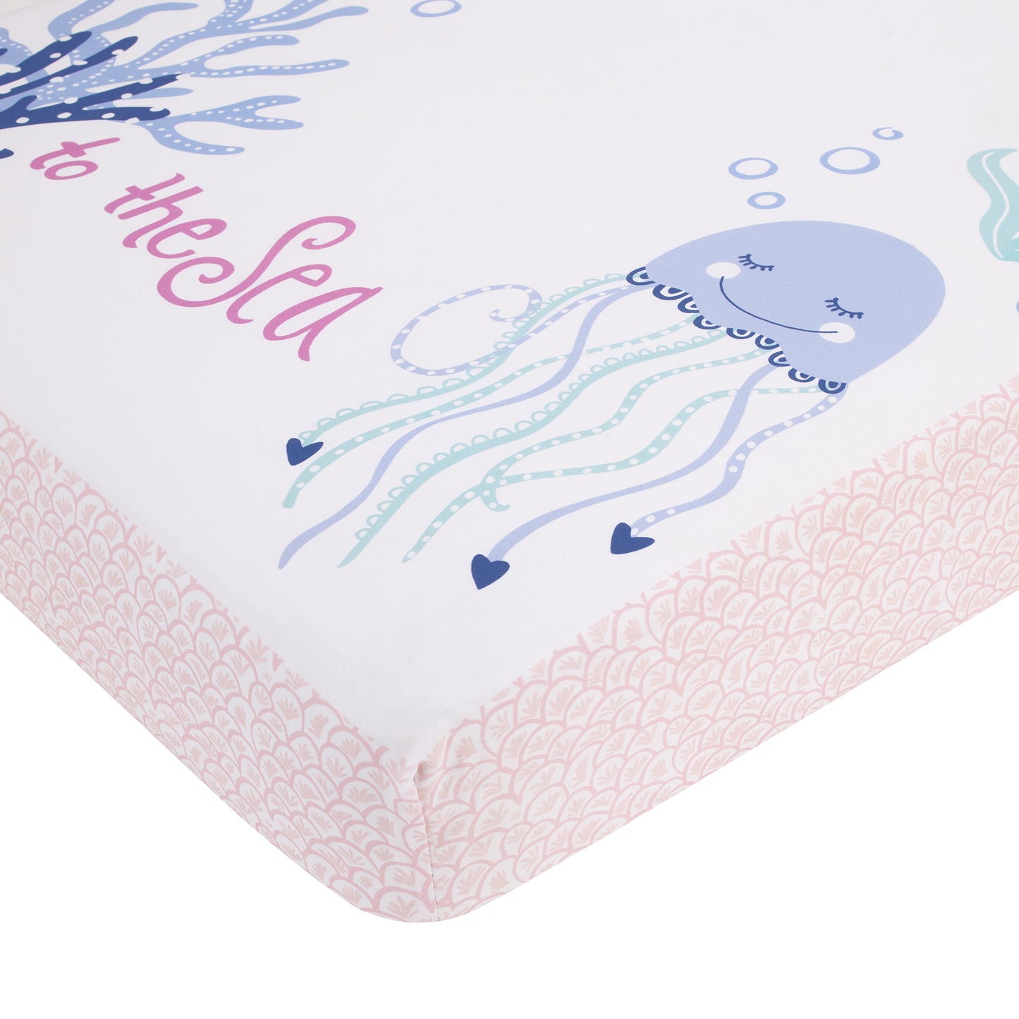 NoJo Mermaid Lagoon Pink, Blue, and White "Come with me to the Sea" 100% Cotton Photo Op Fitted Crib Sheet