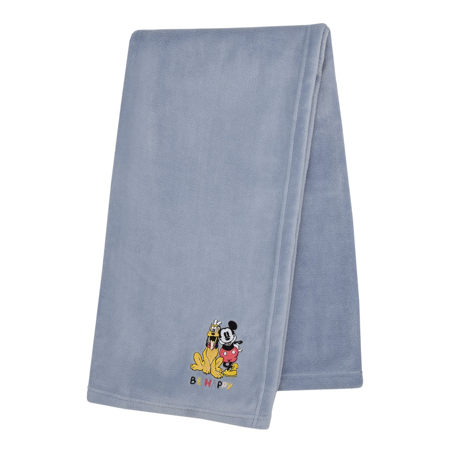 Disney Mickey and Friends Blue, Gold and Red Pluto and Mickey Mouse Be Happy Super Soft Appliqued Baby Blanket