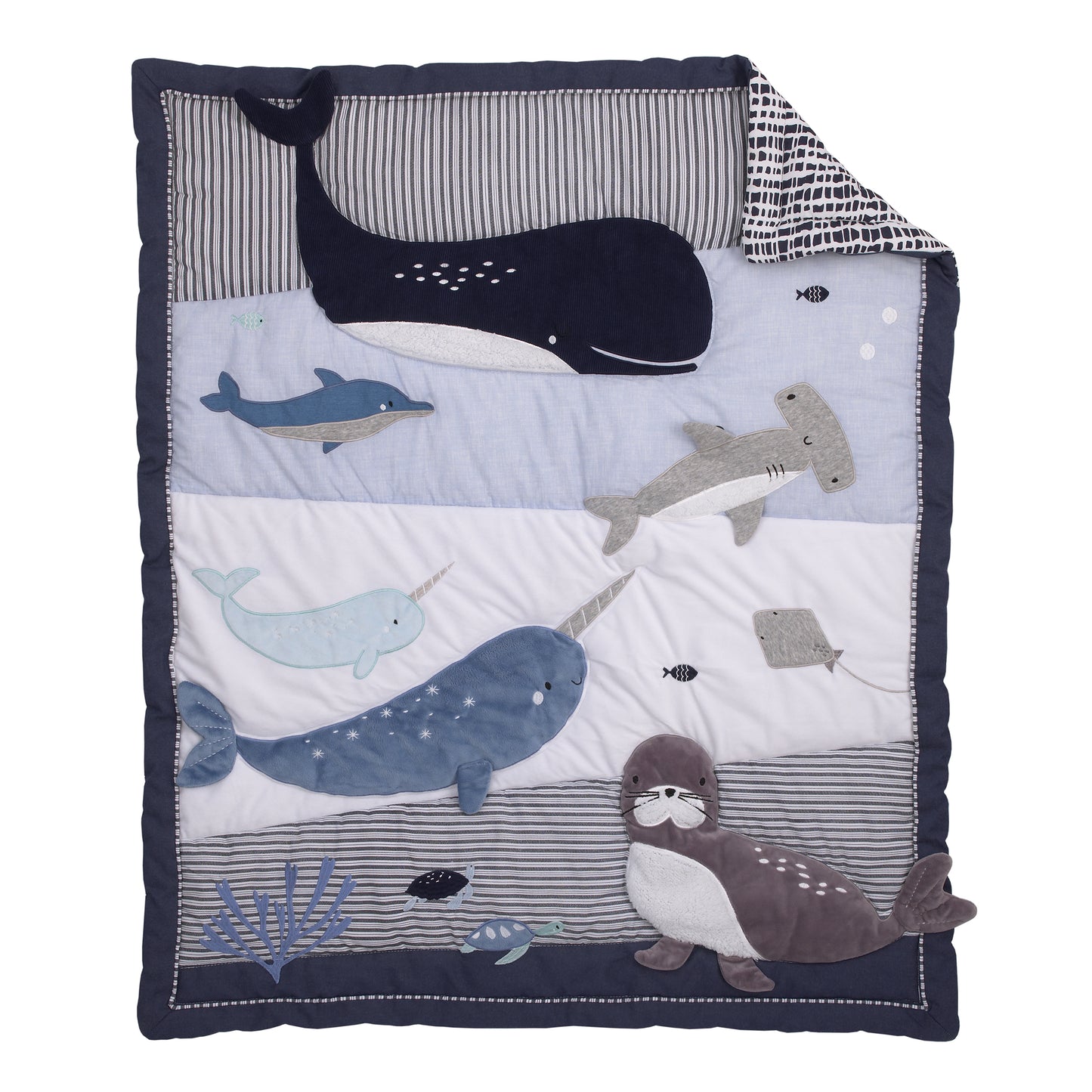 NoJo Seas The Day Blue and White Whale, Narwhal, Sea Lion, Shark 4 Piece Crib Bedding Set - Comforter, 100% Cotton Fitted Crib Sheet, Crib Skirt, and Storage