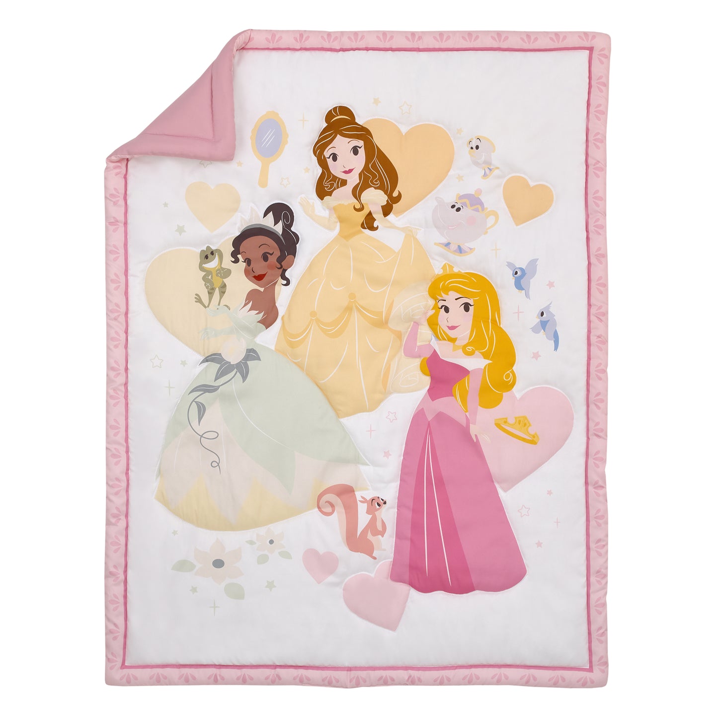 Disney Make A Wish Multi Princess Pink and White Belle, Tiana, and Aurora 3 Piece Nursery Crib Bedding Set - Comforter, Fitted Crib Sheet, and Crib Skirt