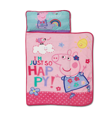 NoJo Peppa Pig I'm so Happy Toddler Nap Mat - Includes Attached Pillow and Fleece Blanket