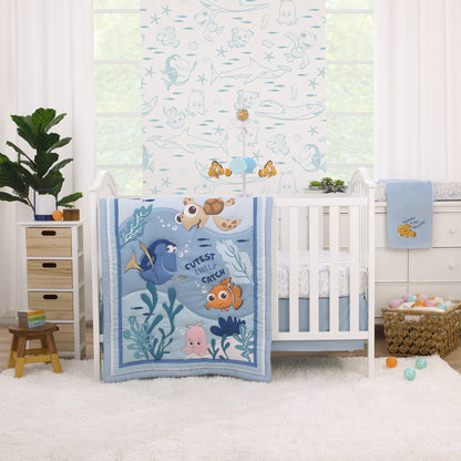 Disney Finding Nemo Cutest Little Catch Light Blue, and White Nursery Fitted Crib Sheet