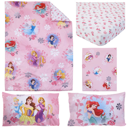 Disney Pretty Pretty Princess Pink, Blue, and Yellow 4 Piece Toddler Bed Set - Comforter, Fitted Bottom Sheet, Flat Top Sheet, and Reversible Pillowcase