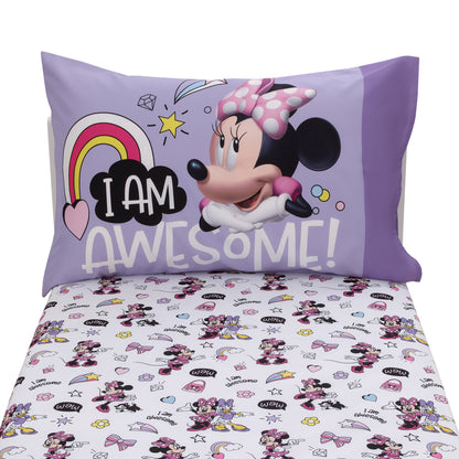 Disney Minnie Mouse I am Awesome Lavender, Pink, and White with BFF Daisy Duck, Rainbow Hearts and Stars 2 Piece Toddler Sheet Set - Fitted Bottom Sheet and Reversible Pillowcase