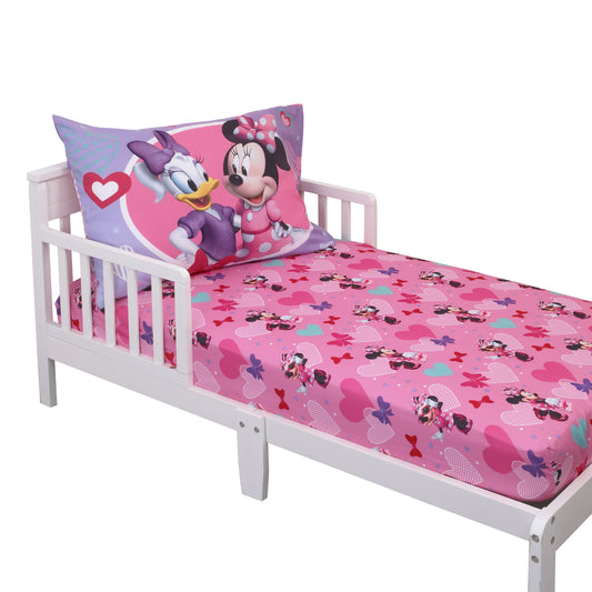 Disney Minnie Mouse Pink and Purple Hearts and Bows 2 Piece Toddler Sheet Set - Fitted Sheet and Reversible Pillowcase