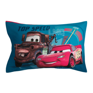 Disney Cars Piston Cup Circuit Blue, Red, and Yellow, Lightning McQueen and Mater 4 Piece Toddler Bed Set - Comforter, Fitted Bottom Sheet, Flat Top Sheet, and Reversible Pillowcase