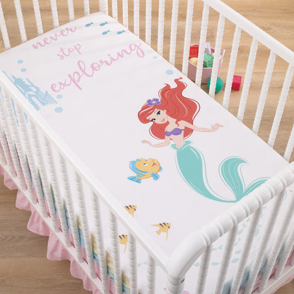 Disney Ariel Watercolor Wishes Aqua, Pink and White Never Stop Exploring 100% Cotton Photo Op Fitted Crib Sheet